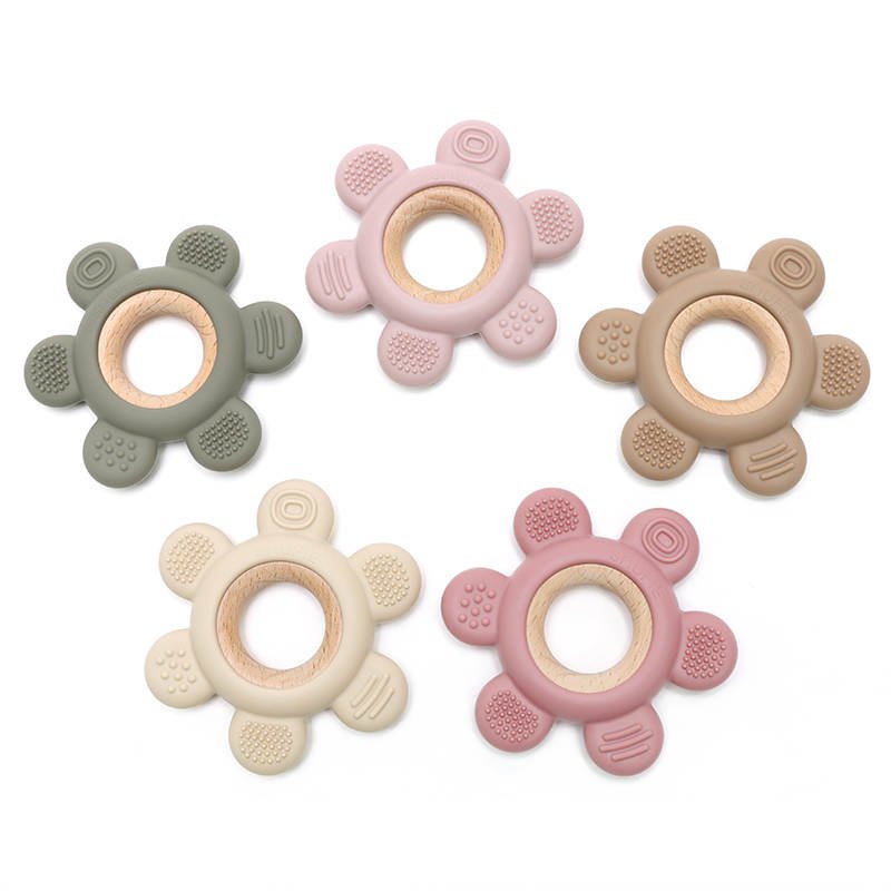 Soft & Hard Flower Wood & Silicone Teether - Sage green