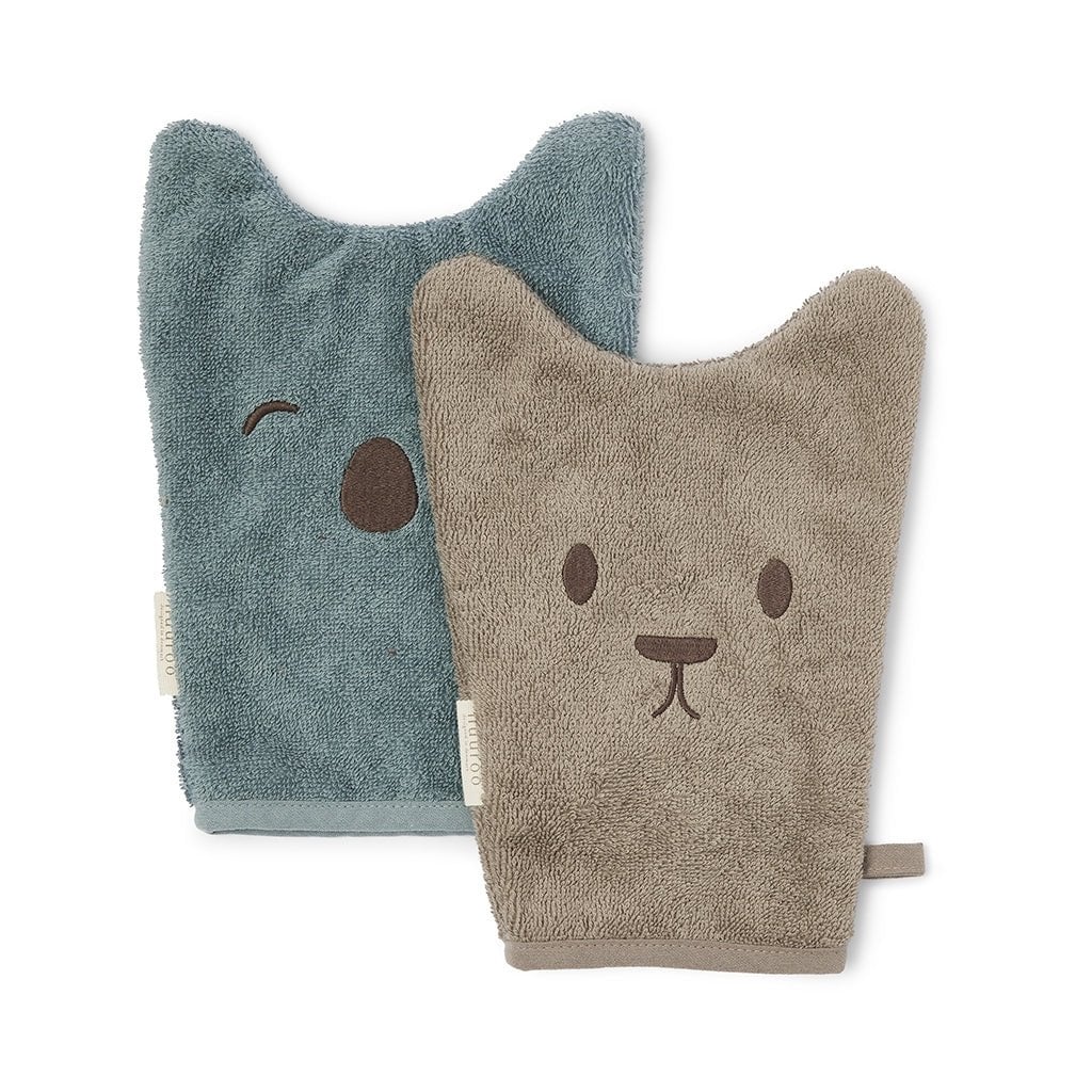 Washandjes dieren - 2 stuks - Blue/ brown