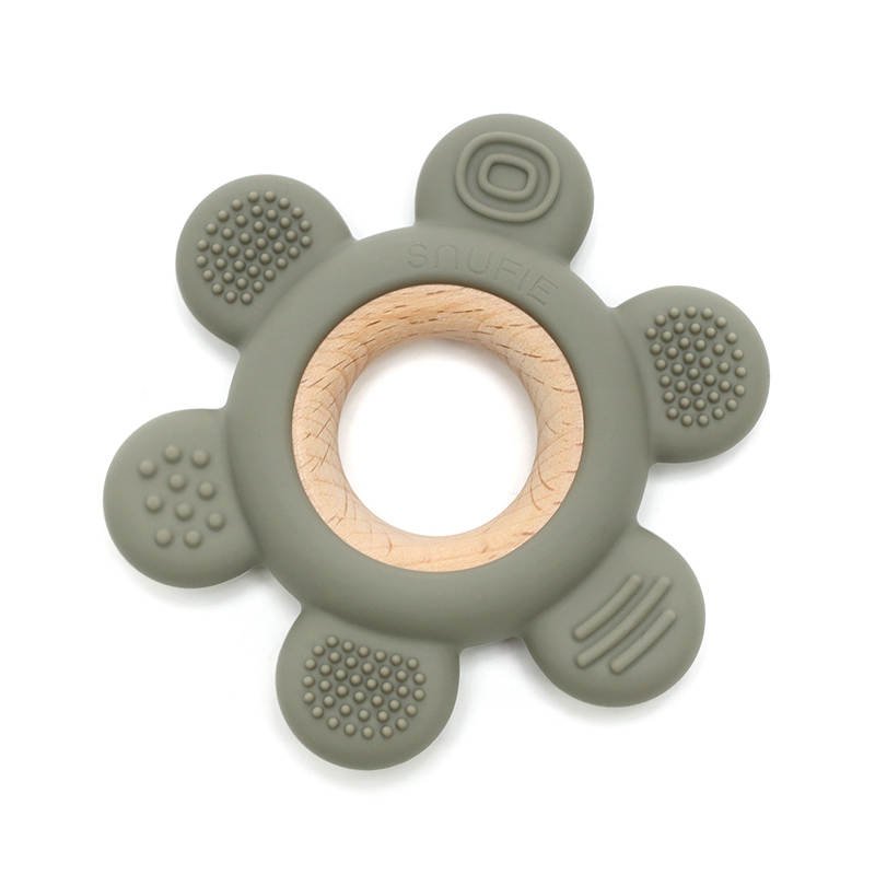 Soft & Hard Flower Wood & Silicone Teether - Sage green