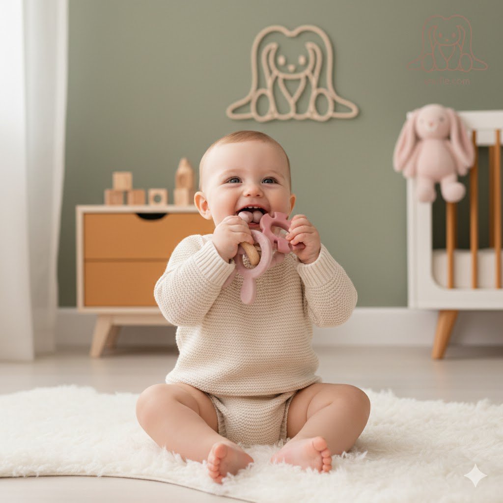 Bijtring silicone & hout - Bunny - Blush & rose