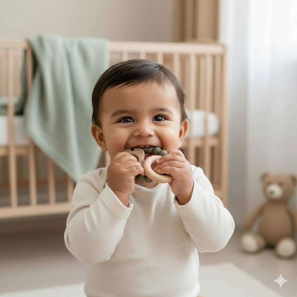 Bijtring silicone & hout - Sage & khaki