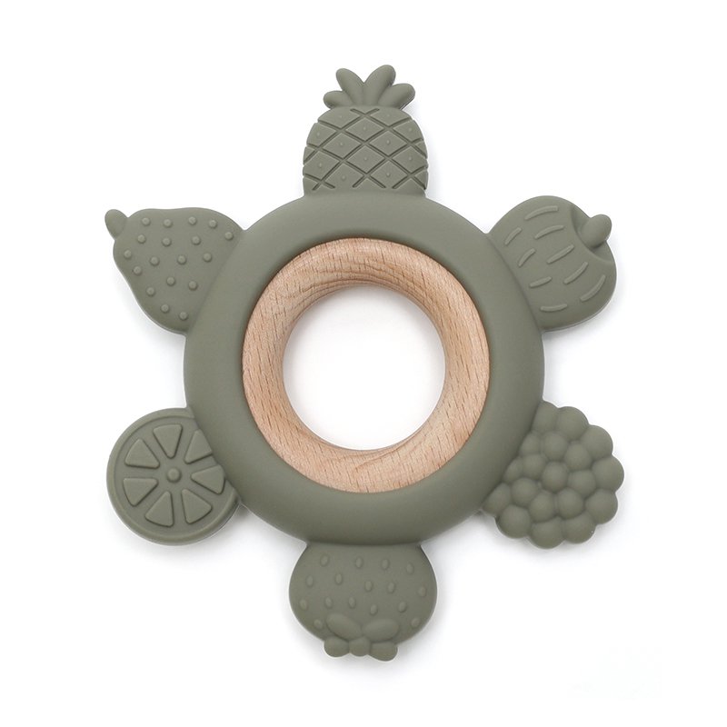 Bijtring silicone & hout - Fruit - Green