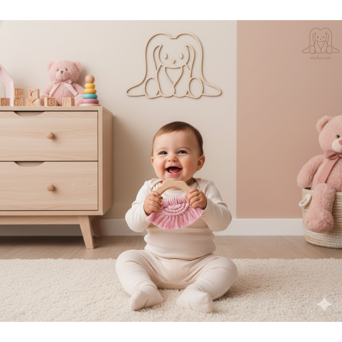 Bijtring hout & katoen - Boho - Pink